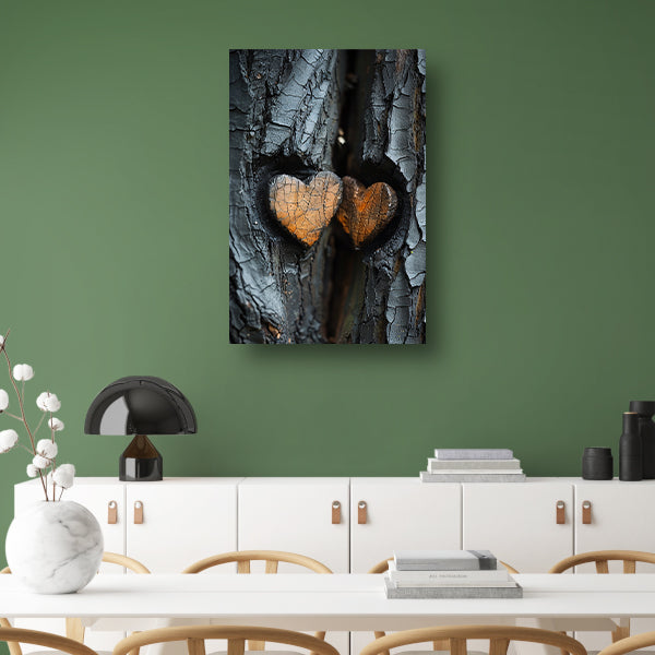 Twee Harten in Verbrande Boomschors canvas