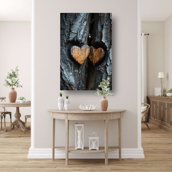 Twee Harten in Verbrande Boomschors canvas