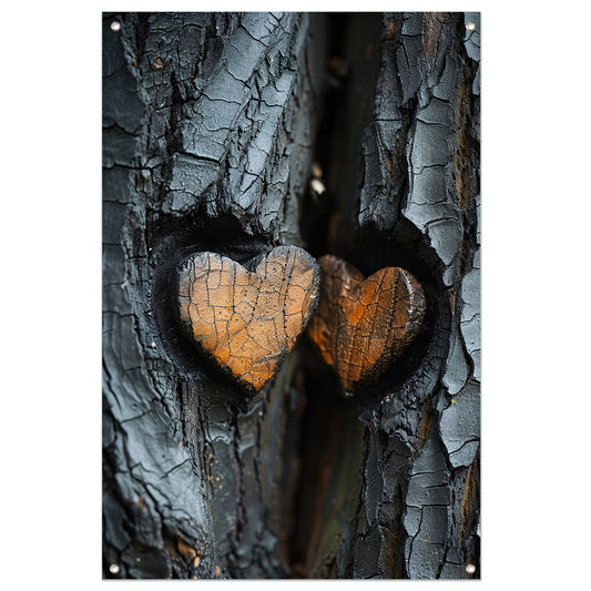 Twee Harten in Verbrande Boomschors tuinposter