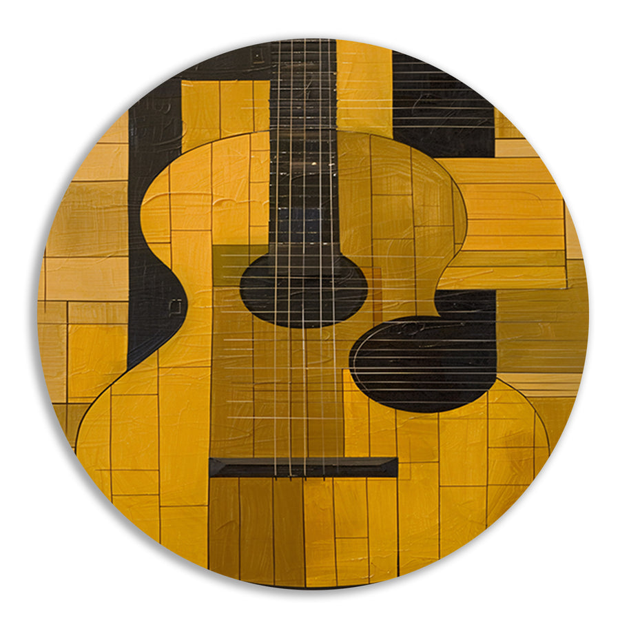 Abstract gele gitaar met zwarte lijnen aluminium muurcirkel