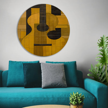 Abstract gele gitaar met zwarte lijnen aluminium muurcirkel