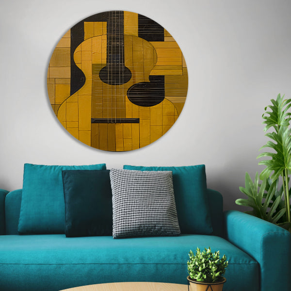 Abstract gele gitaar met zwarte lijnen forex muurcirkel