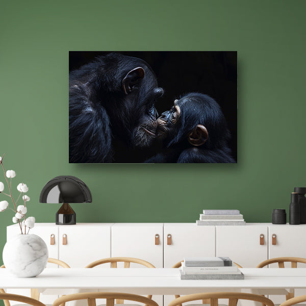 Ontroerend portret van chimpansees in zwart-wit canvas met baklijst