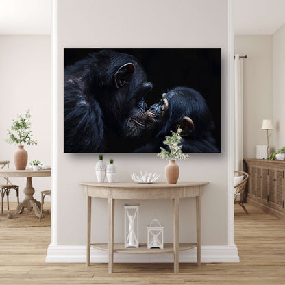 Ontroerend portret van chimpansees in zwart-wit canvas met baklijst