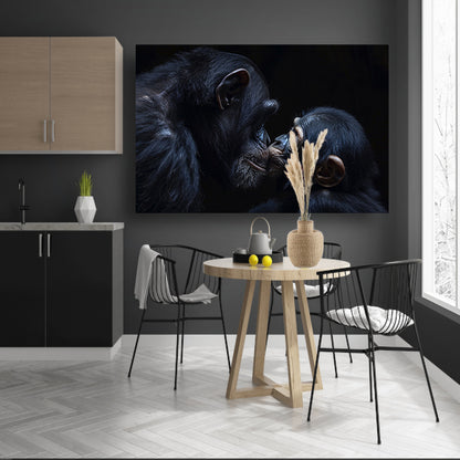 Ontroerend portret van chimpansees in zwart-wit canvas met baklijst