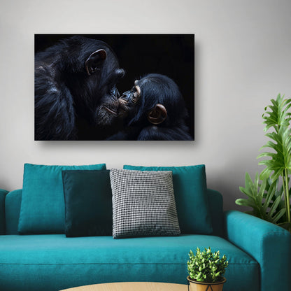 Ontroerend portret van chimpansees in zwart-wit canvas met baklijst