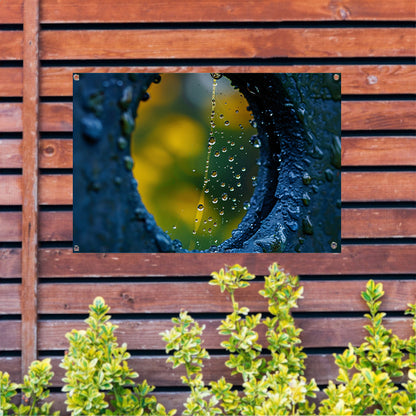 Spinnenweb met dauwdruppels in de ochtendzon tuinposter