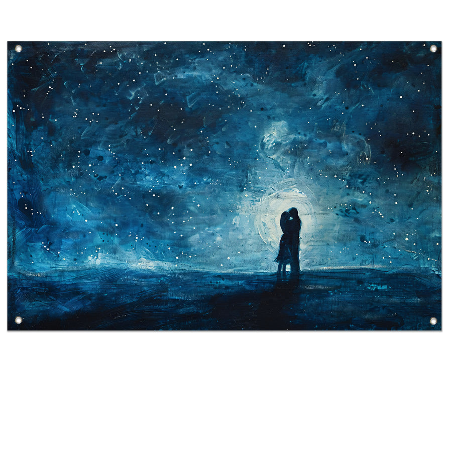Romantisch paar onder sterrenhemel schilderij tuinposter