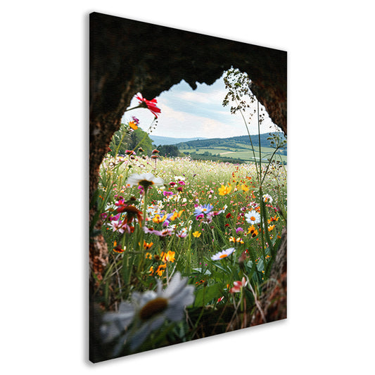 Bloemenveld door een magisch venster canvas