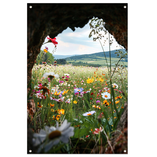 Bloemenveld door een magisch venster tuinposter