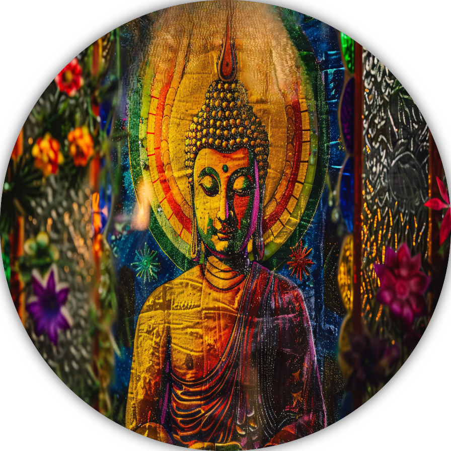 Boeddha in Kleurrijk Kosmisch Licht aluminium muurcirkel
