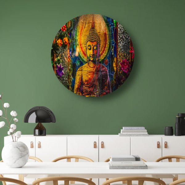 Boeddha in Kleurrijk Kosmisch Licht aluminium muurcirkel