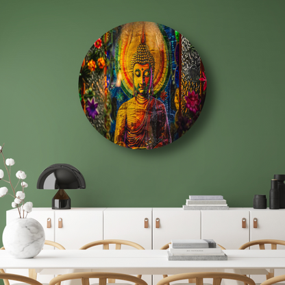 Boeddha in Kleurrijk Kosmisch Licht aluminium muurcirkel