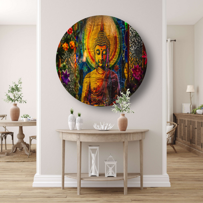 Boeddha in Kleurrijk Kosmisch Licht aluminium muurcirkel