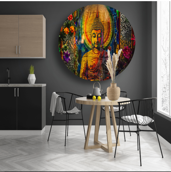 Boeddha in Kleurrijk Kosmisch Licht aluminium muurcirkel