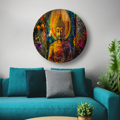 Boeddha in Kleurrijk Kosmisch Licht aluminium muurcirkel