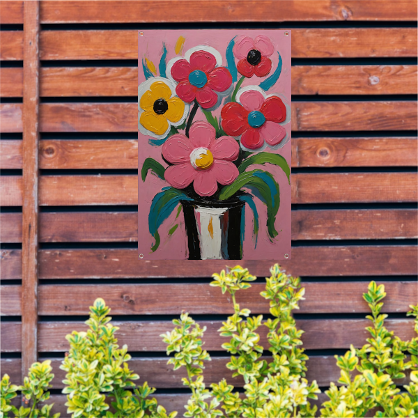 Kleurrijke Bloemen in Vaas op Roze Achtergrond tuinposter