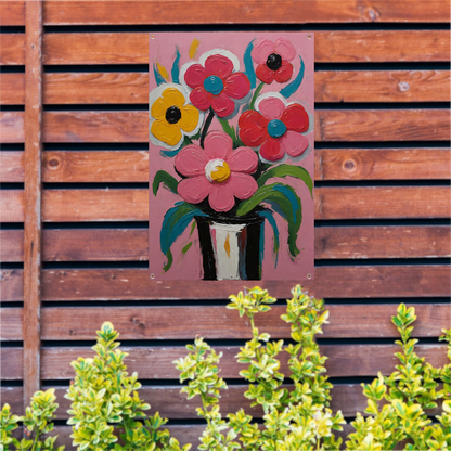 Kleurrijke Bloemen in Vaas op Roze Achtergrond tuinposter