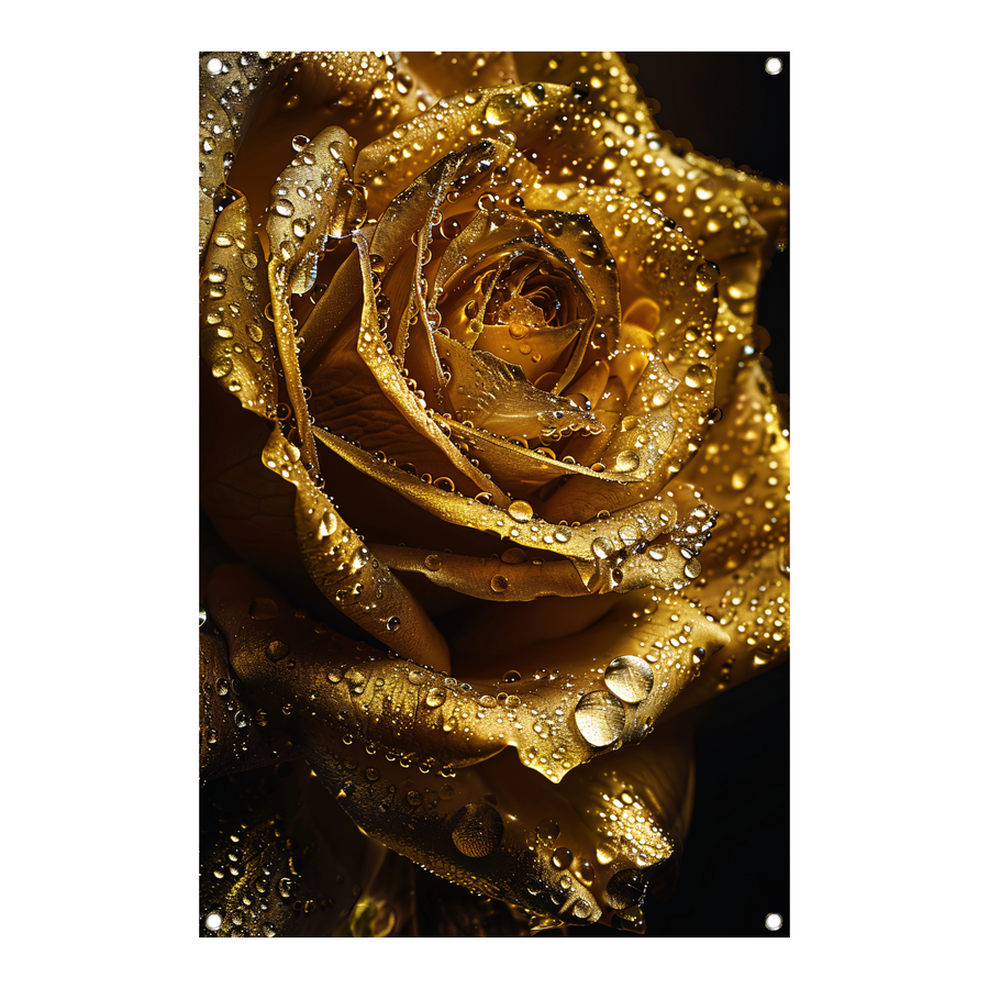 Gouden roos met fonkelende waterdruppels close-up tuinposter
