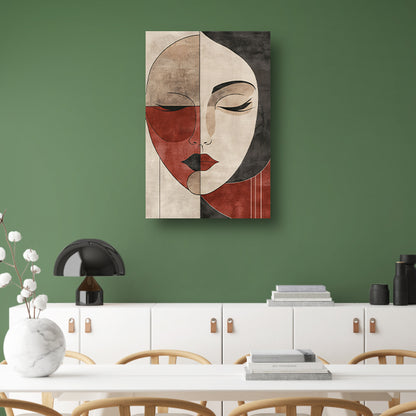 Abstract Vrouwengezicht in Sepia en Rood canvas met baklijst