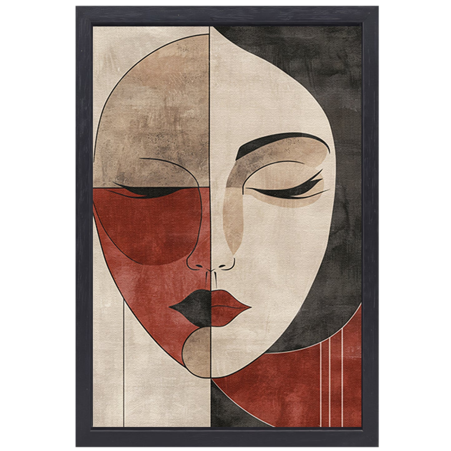 Abstract Vrouwengezicht in Sepia en Rood canvas met baklijst