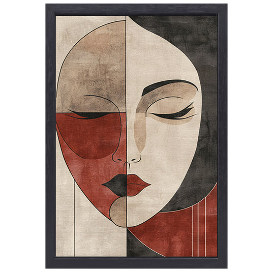 Abstract Vrouwengezicht in Sepia en Rood canvas met baklijst