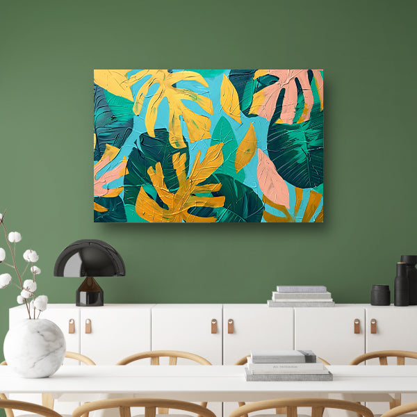 Abstract schilderij met kleurrijke tropische bladeren canvas