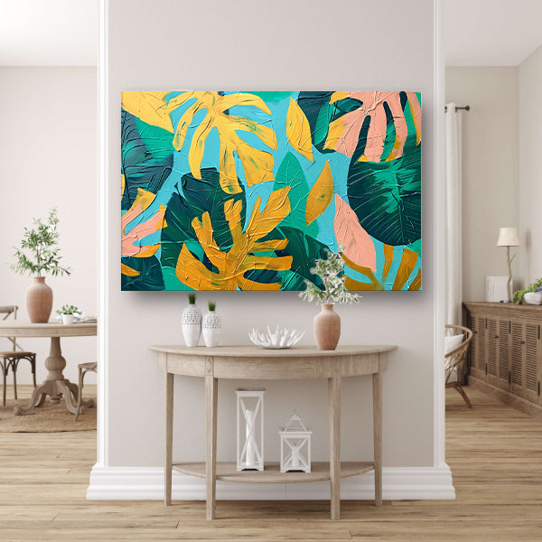 Abstract schilderij met kleurrijke tropische bladeren canvas