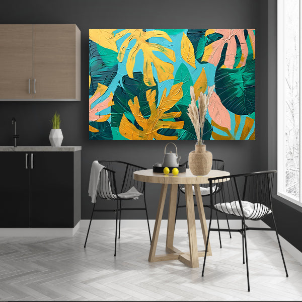 Abstract schilderij met kleurrijke tropische bladeren canvas