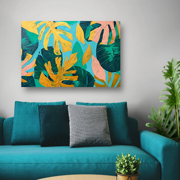 Abstract schilderij met kleurrijke tropische bladeren canvas