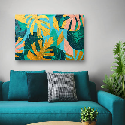 Abstract schilderij met kleurrijke tropische bladeren canvas