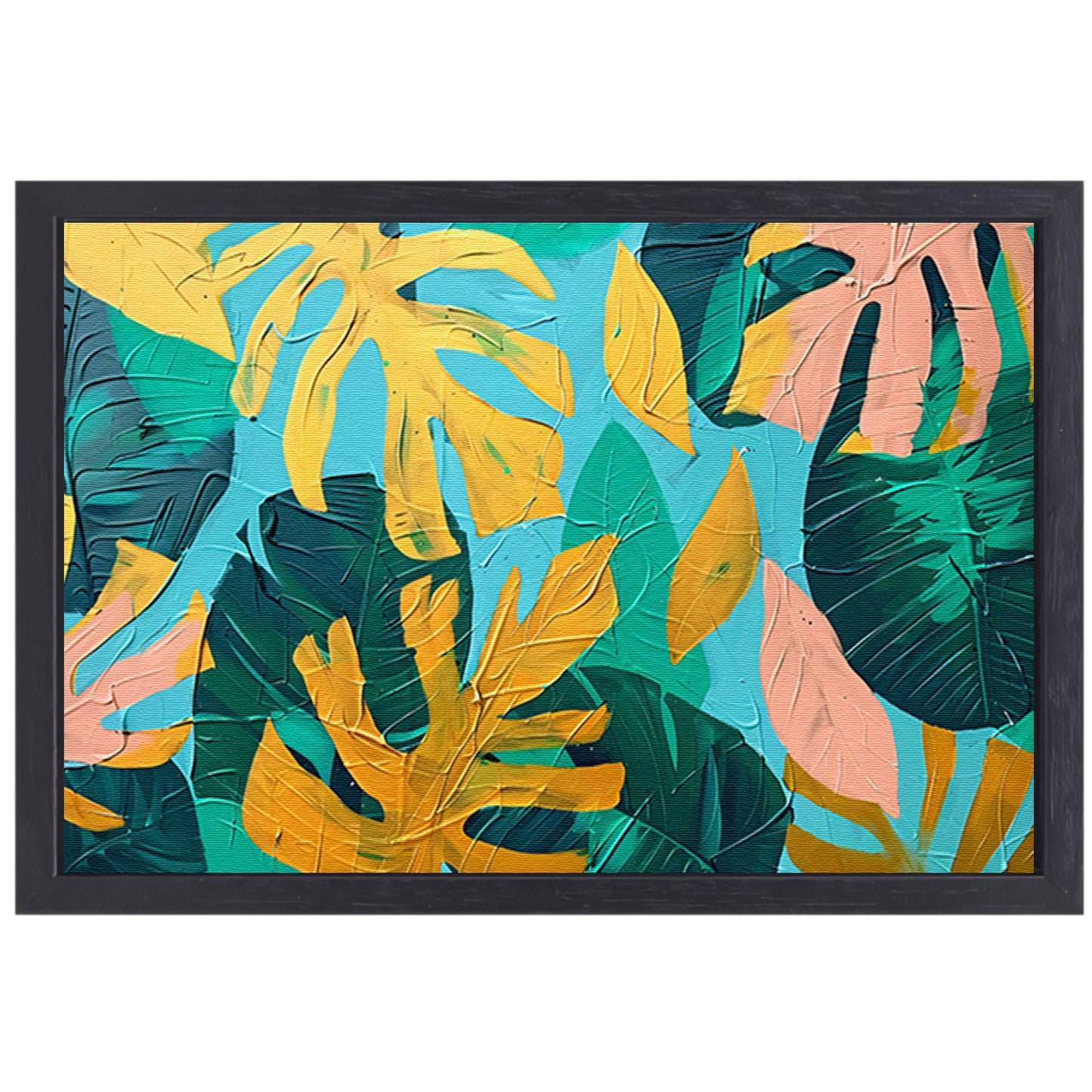 Abstract schilderij met kleurrijke tropische bladeren canvas met baklijst