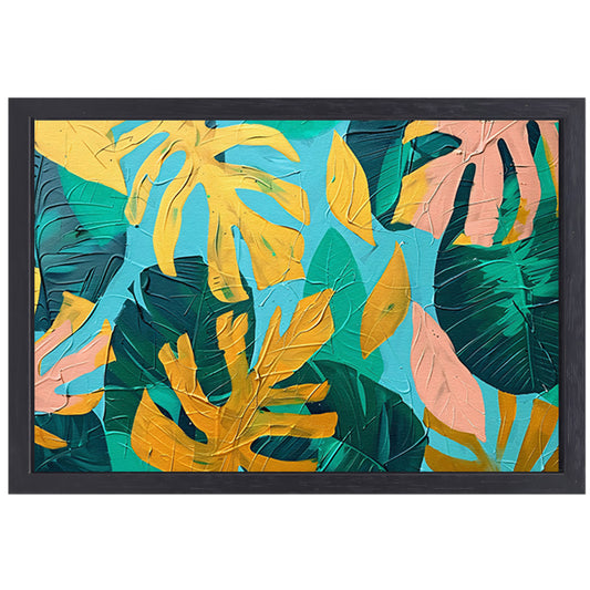 Abstract schilderij met kleurrijke tropische bladeren canvas met baklijst