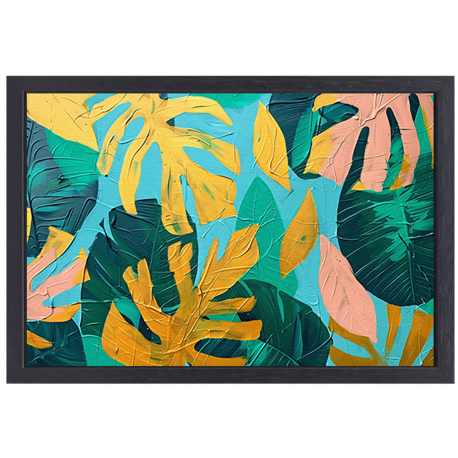 Abstract schilderij met kleurrijke tropische bladeren canvas met baklijst