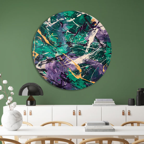 Kleurrijk abstract schilderij met dynamische lijnen aluminium muurcirkel