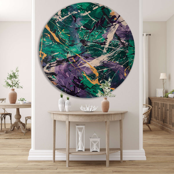 Kleurrijk abstract schilderij met dynamische lijnen aluminium muurcirkel