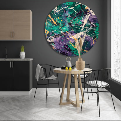 Kleurrijk abstract schilderij met dynamische lijnen aluminium muurcirkel