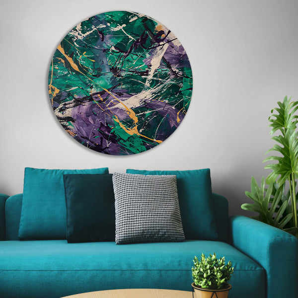 Kleurrijk abstract schilderij met dynamische lijnen aluminium muurcirkel