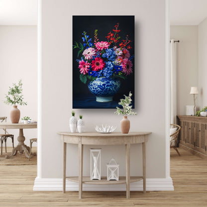 Bloemrijk stilleven in een Delfts blauwe vaas acrylglas