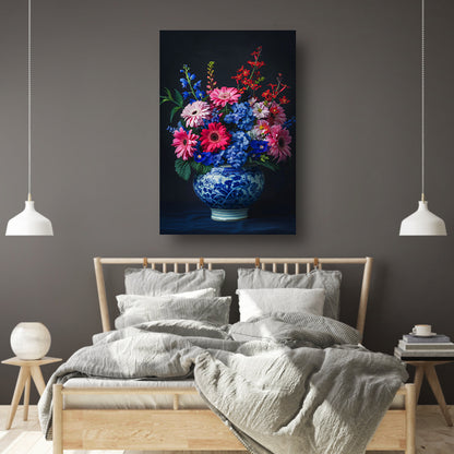 Bloemrijk stilleven in een Delfts blauwe vaas acrylglas