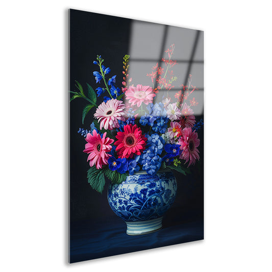 Bloemrijk stilleven in een Delfts blauwe vaas acrylglas