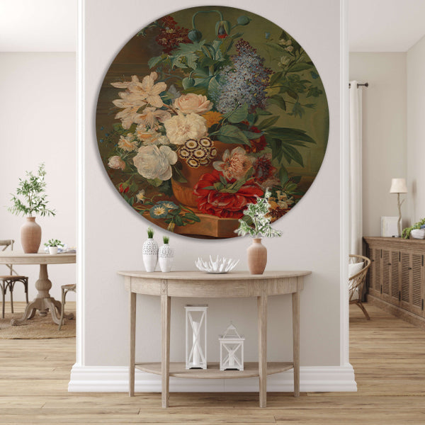 Bloemen in een terracotta vaas - Albertus Jonas Brandt aluminium muurcirkel