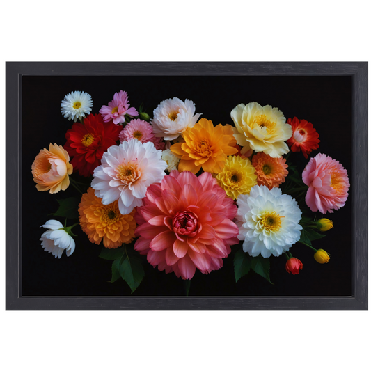 Diverse Kleurrijke Bloemen op Donkere Achtergrond canvas met baklijst