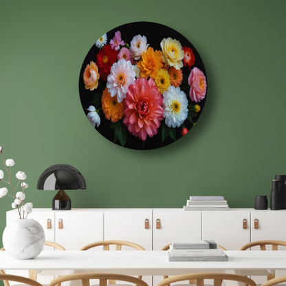 Diverse Kleurrijke Bloemen op Donkere Achtergrond aluminium muurcirkel