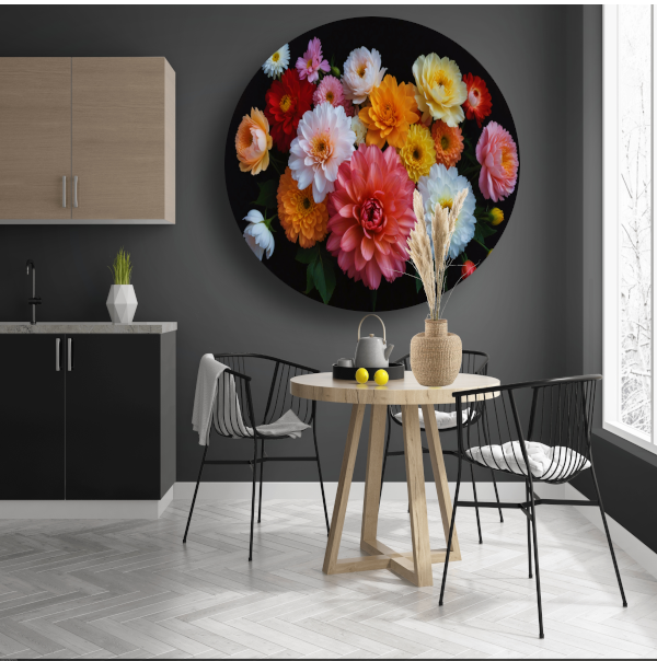 Diverse Kleurrijke Bloemen op Donkere Achtergrond forex muurcirkel