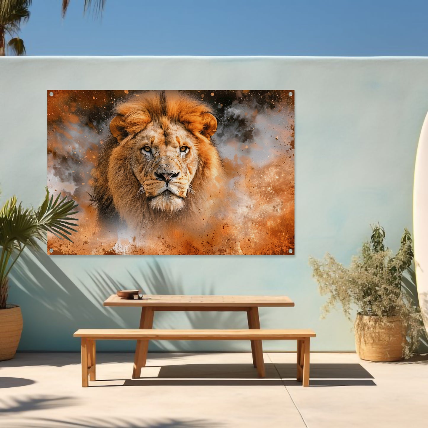 Leeuw in vurige storm kunstwerk tuinposter
