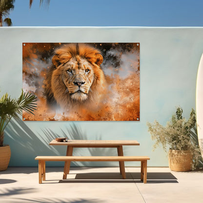 Leeuw in vurige storm kunstwerk tuinposter