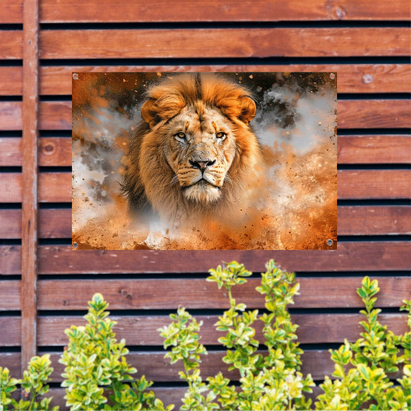 Leeuw in vurige storm kunstwerk tuinposter