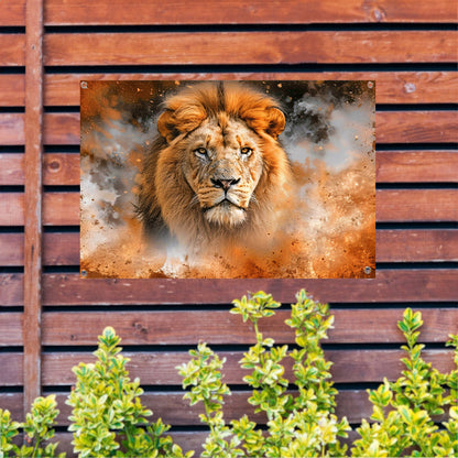 Leeuw in vurige storm kunstwerk tuinposter