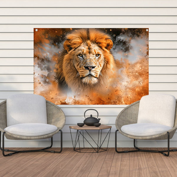 Leeuw in vurige storm kunstwerk tuinposter